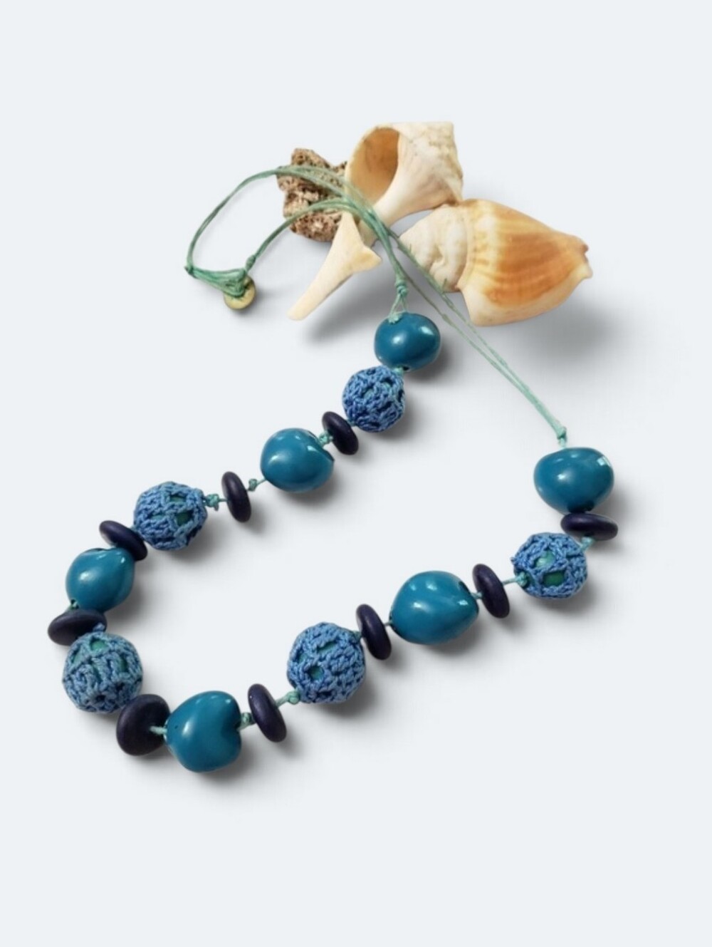 Boho Tagua Nut & Blue Crochet Beaded Chunky Statement Necklace